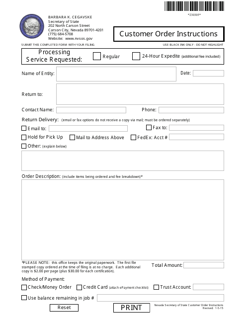 Form 230305 Customer Order Instructions - Nevada