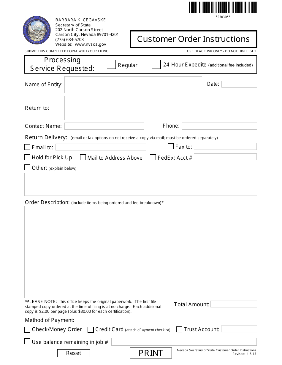 Form 230305 Customer Order Instructions - Nevada, Page 1