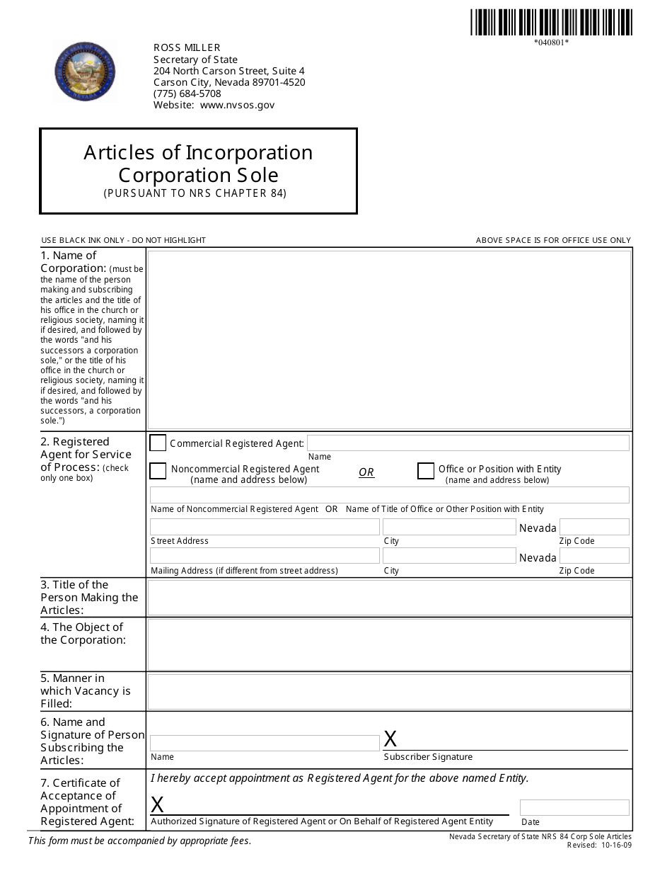 Form 040801 Articles of Incorporation Corporation Sole (Pursuant to Nrs Chapter 84) - Nevada, Page 1
