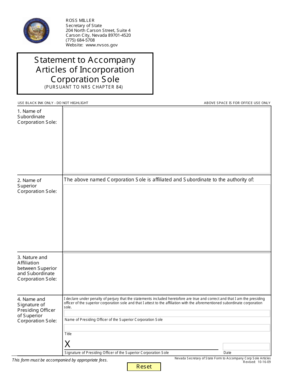 Form 040801 Articles of Incorporation Corporation Sole (Pursuant to Nrs Chapter 84) - Nevada, Page 2