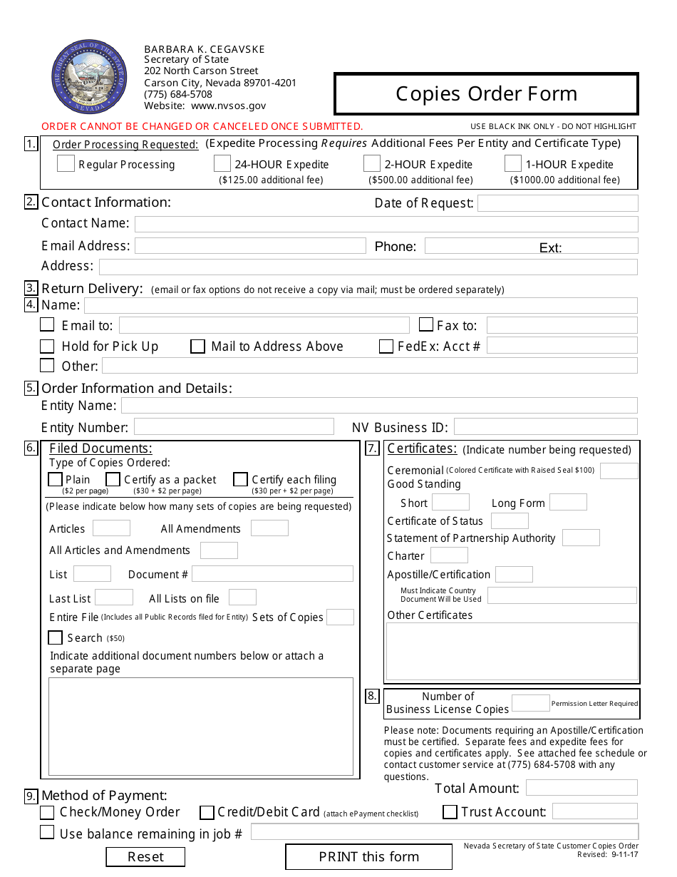 Copies Order Form - Nevada, Page 1