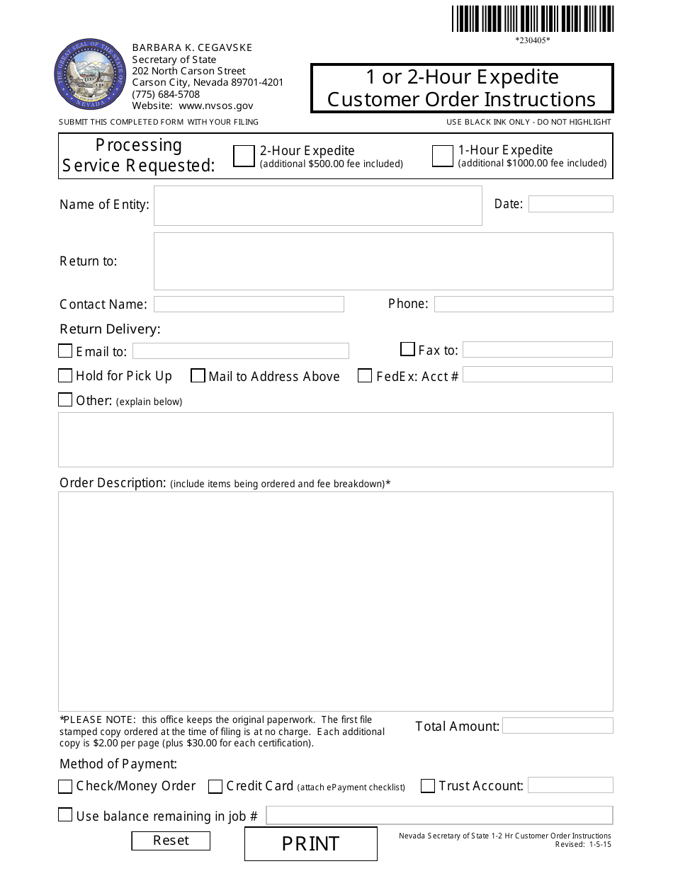 Form 230405 1 or 2-hour Expedite Customer Order Instructions - Nevada, Page 1