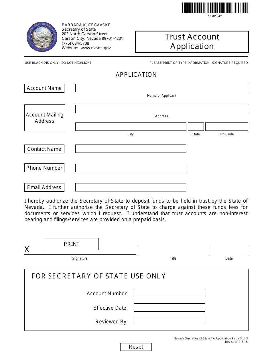 Form 230504 Trust Account Application - Nevada, Page 3