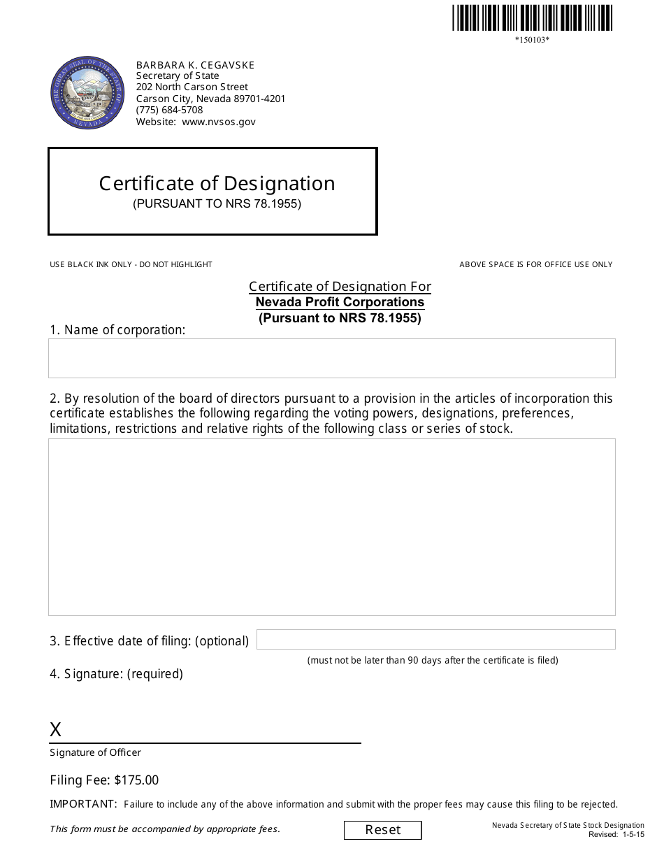 Form 150103 Certificate of Designation for Nevada Profit Corporations (Pursuant to Nrs 78.1955) - Nevada, Page 1