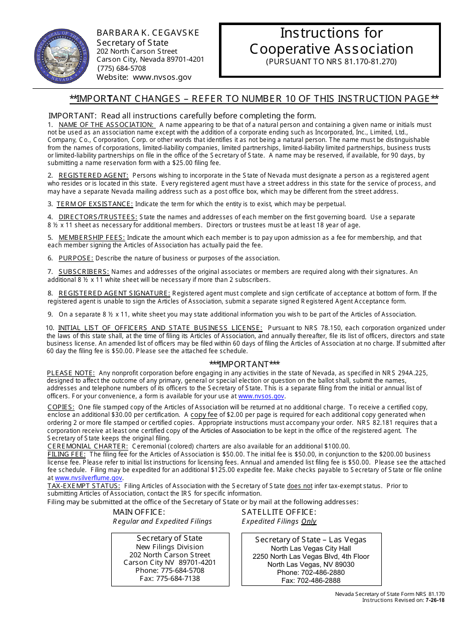 Form 040704 Cooperative Association (Nrs 81.170-81.270) - Complete Packet - Nevada, Page 1