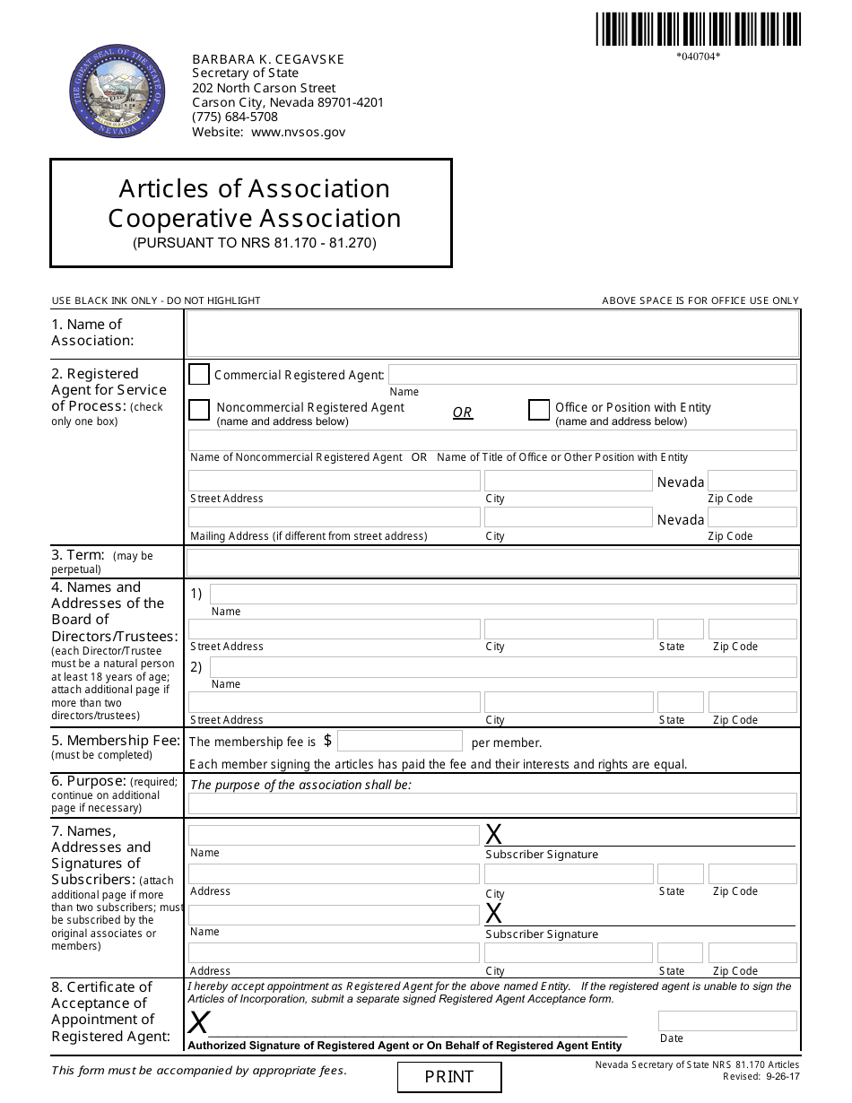 Form 040704 Cooperative Association (Nrs 81.170-81.270) - Complete Packet - Nevada, Page 2