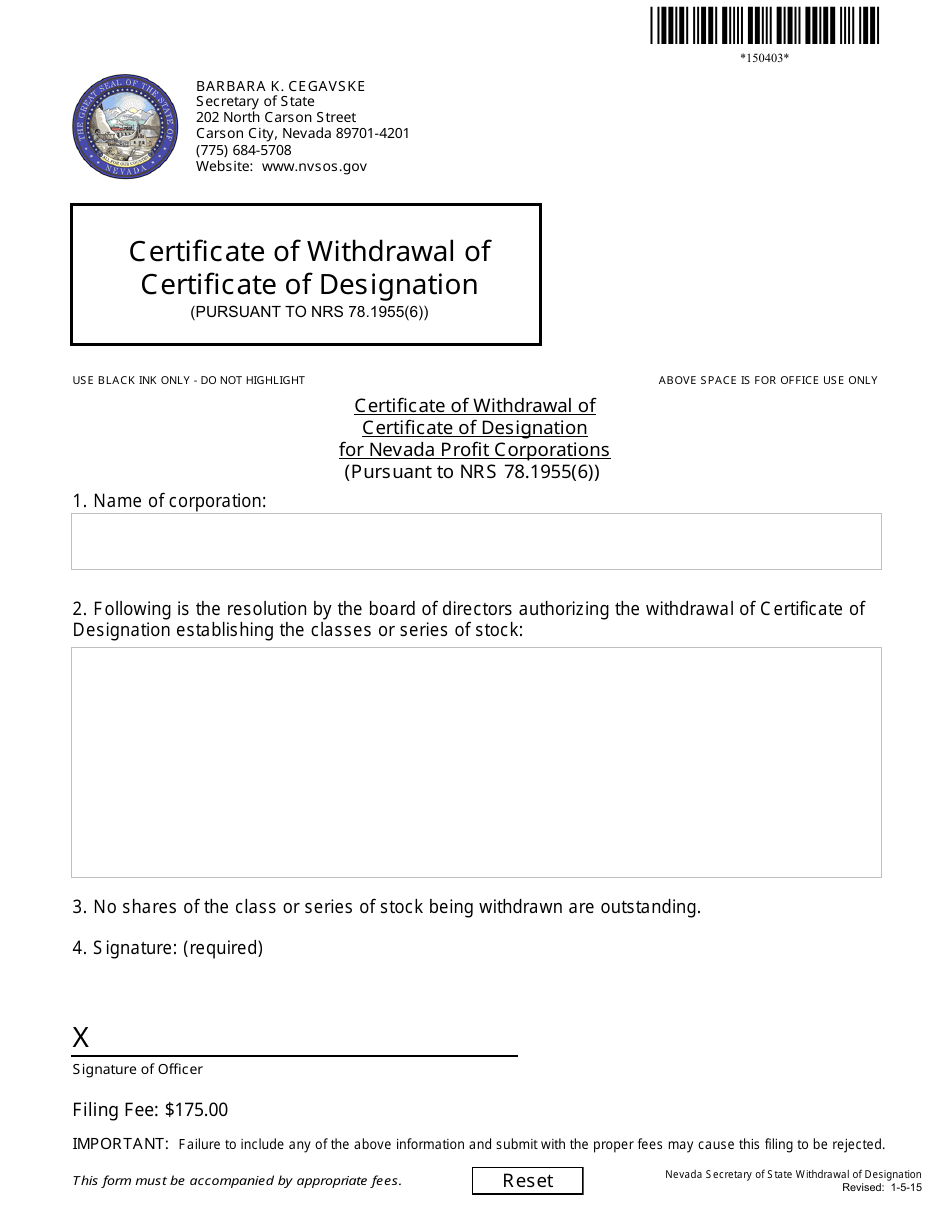 Form 150403 Certificate of Withdrawal of Certificate of Designation for Nevada Profit Corporations (Pursuant to Nrs 78.1955(6)) - Nevada, Page 1