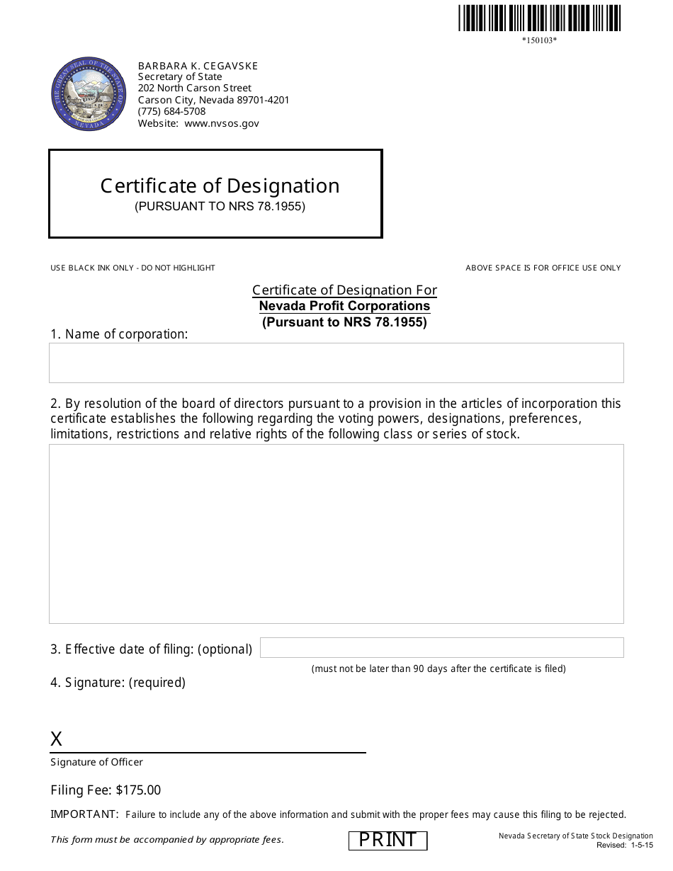 Form 150103 Certificate of Designation (Nrs 78.1955) - Complete Packet - Nevada, Page 1