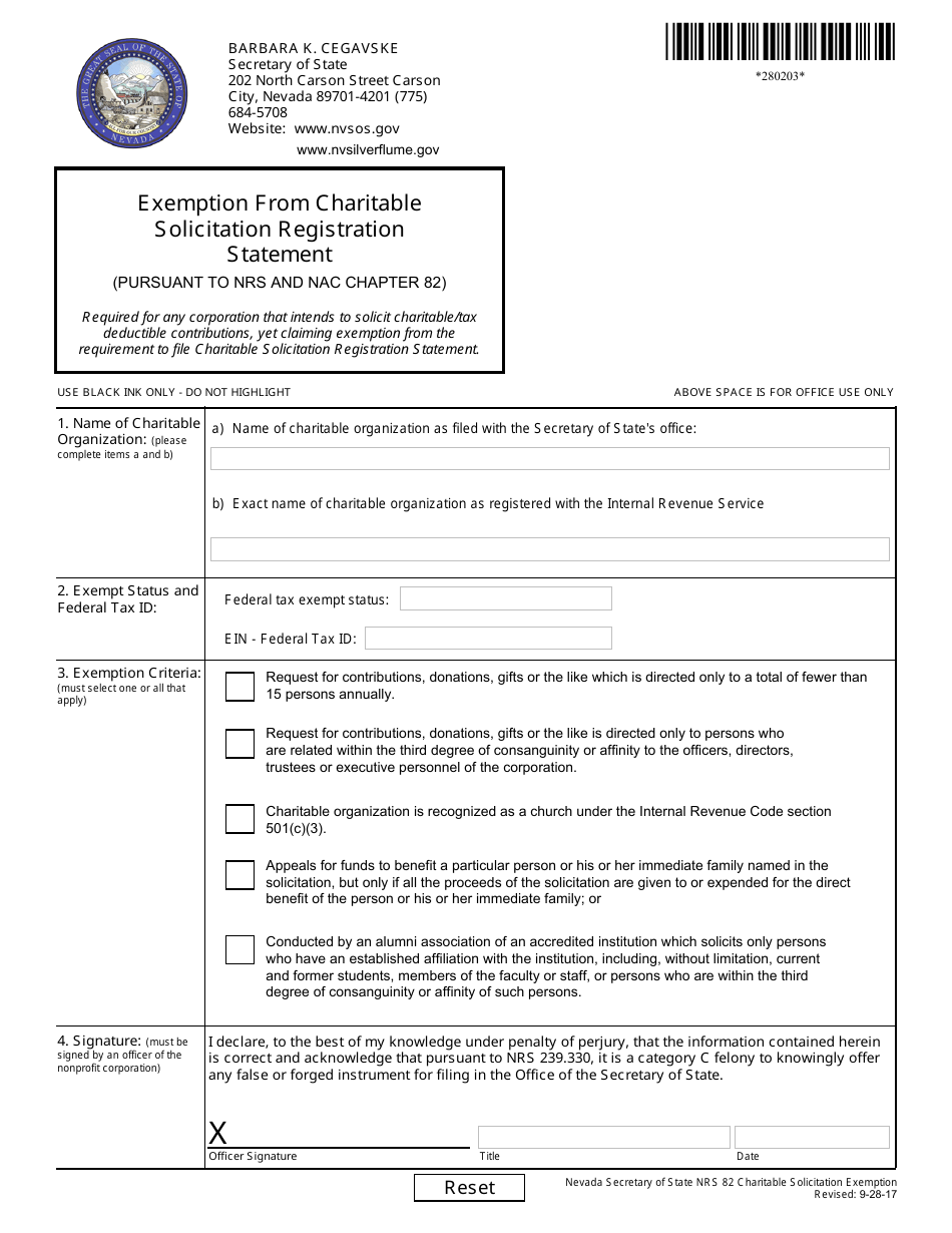 Form 280203 Exemption From Charitable Solicitation Registration Statement (Pursuant to Nrs and Nac Chapter 82) - Nevada, Page 1