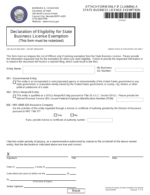 Form 270104 Declaration of Eligibility for State Business License Exemption - Nevada