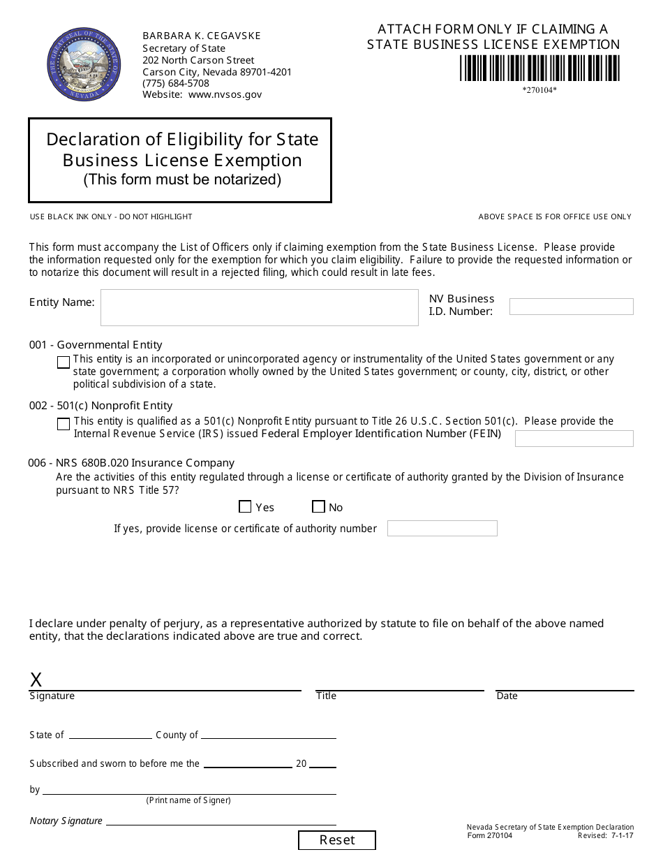 Form 270104 Declaration of Eligibility for State Business License Exemption - Nevada, Page 1