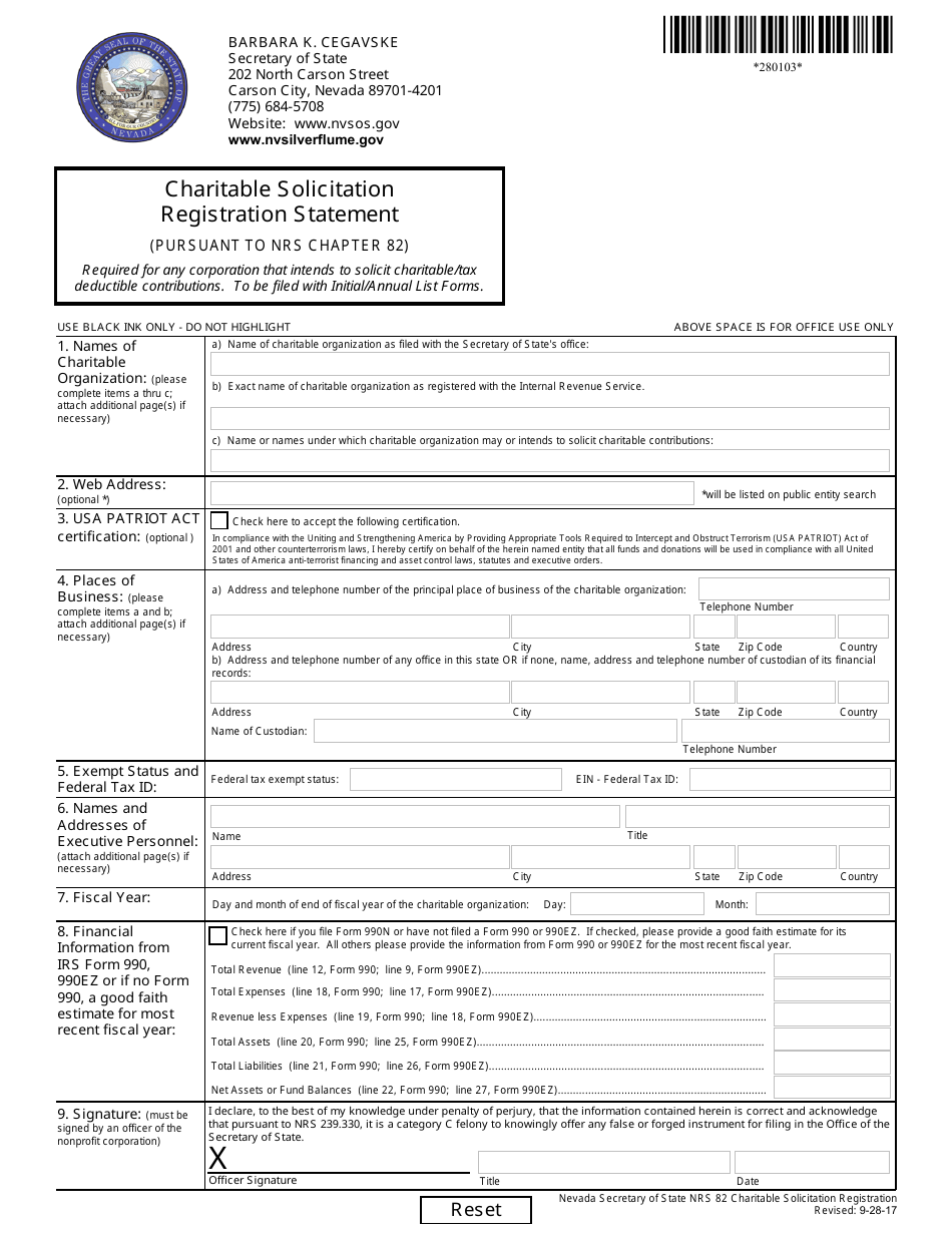 Form 280103 Charitable Solicitation Registration Statement (Pursuant to Nrs Chapter 82) - Nevada, Page 1