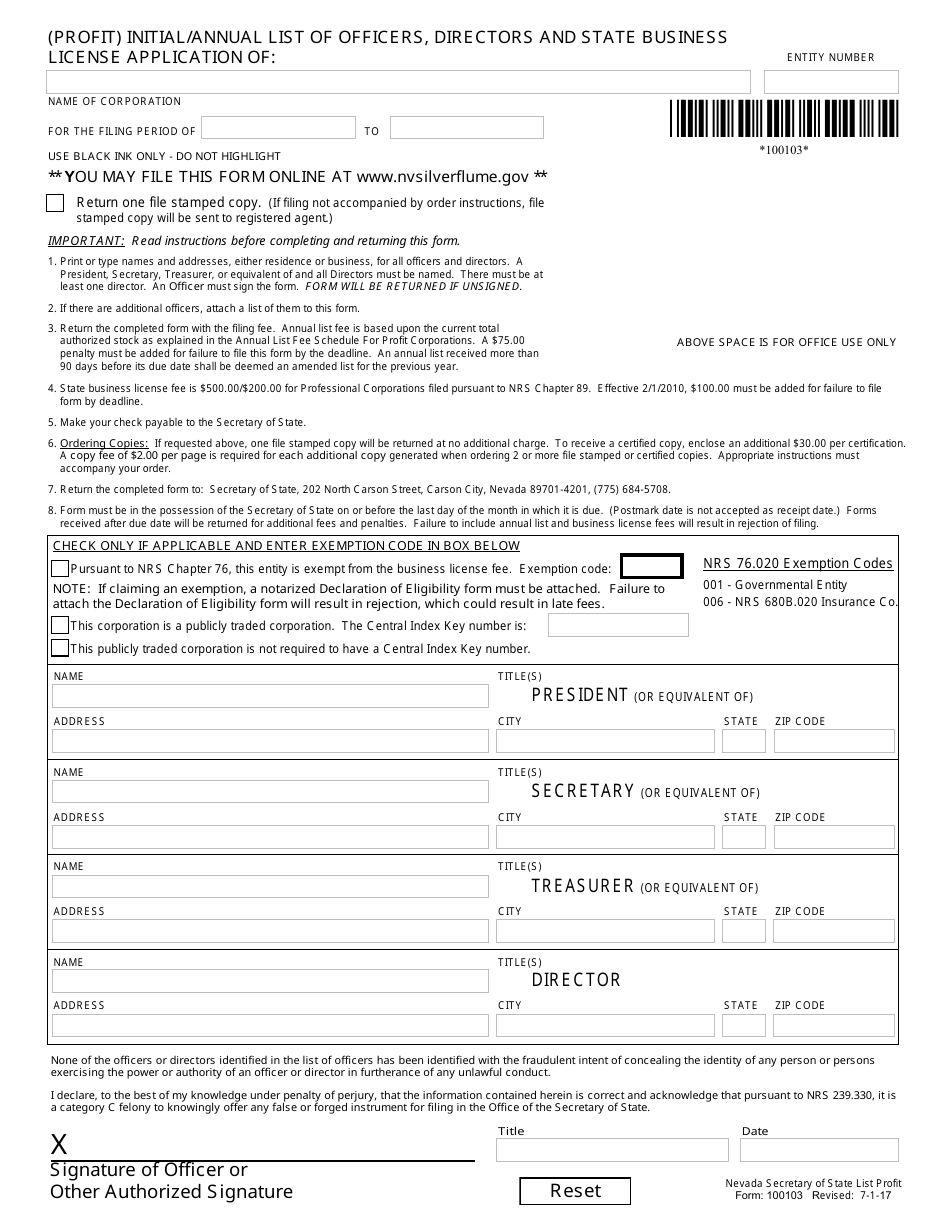 Form 100103 (Profit) Initial / Annual List of Officers, Directors and State Business License Application - Nevada, Page 1