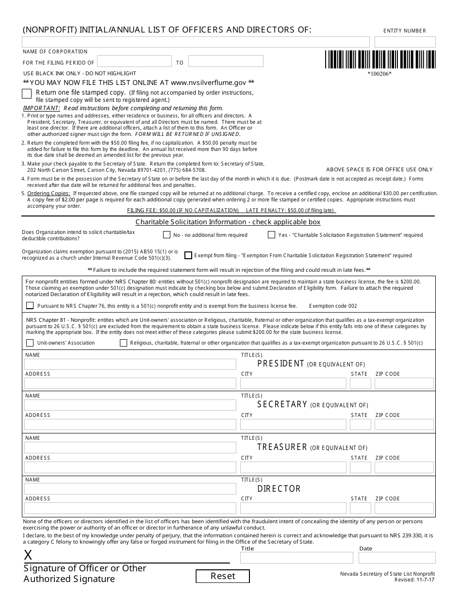 Form 100206 (Nonprofit) Initial / Annual List of Officers and Directors - Nevada, Page 1