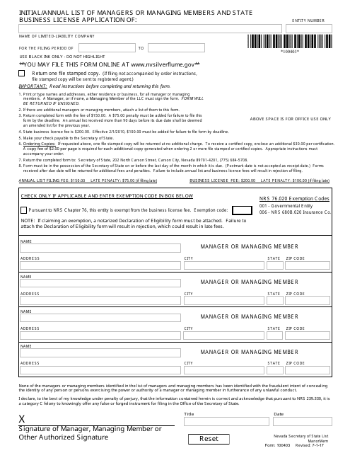 Form 100403 Initial/Annual List of Managers or Managing Members and State Business License Application - Nevada