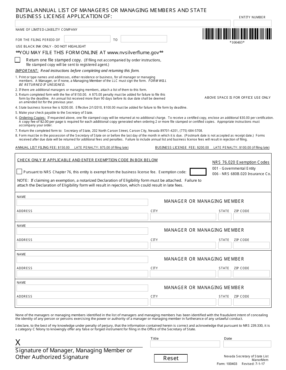 Form 100403 Initial / Annual List of Managers or Managing Members and State Business License Application - Nevada, Page 1