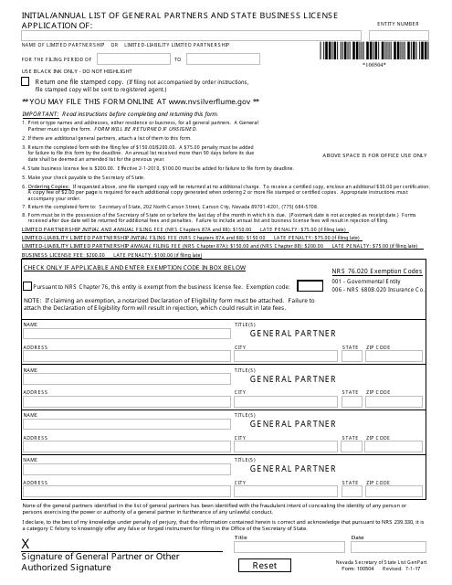 Form 100504 Initial/Annual List of General Partners and State Business License Application - Nevada