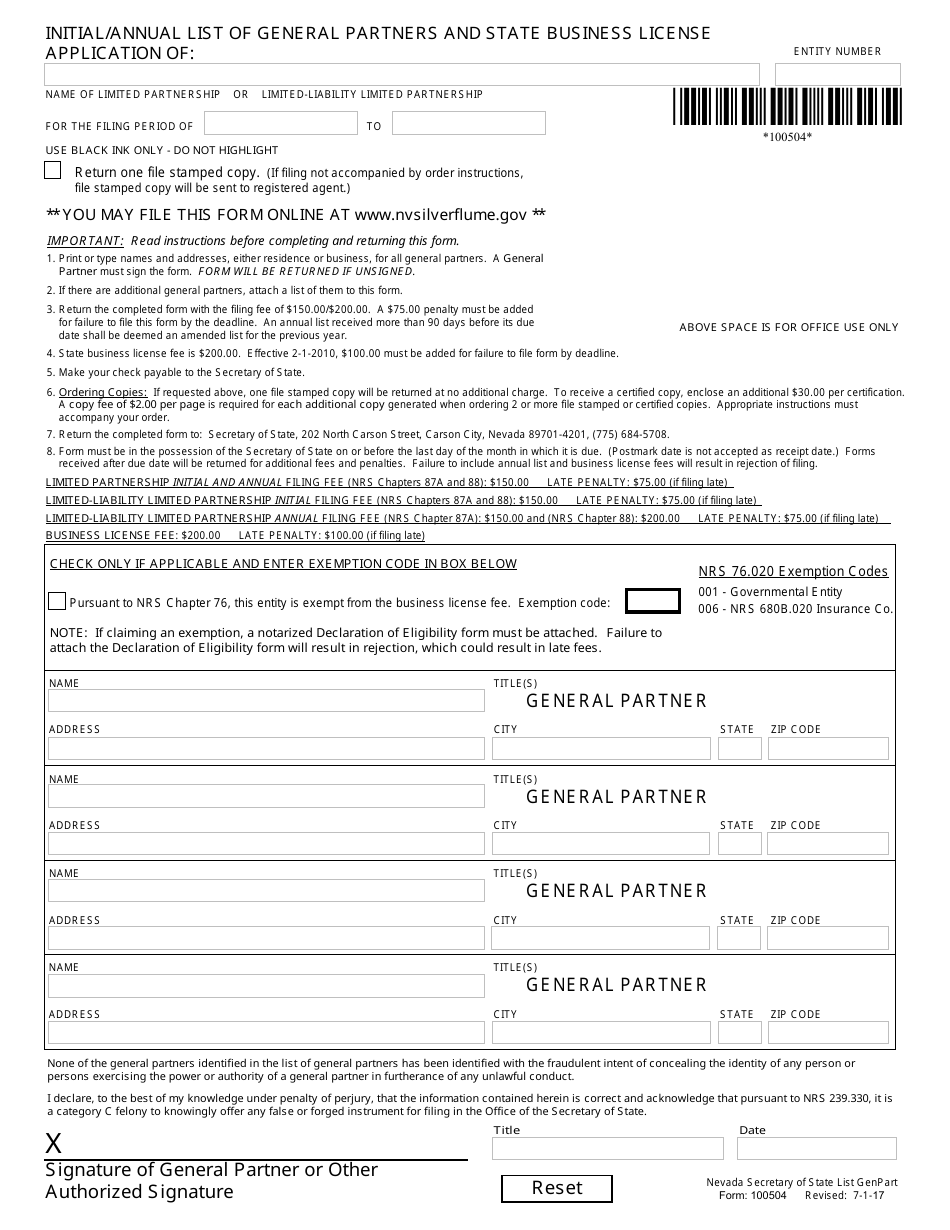 Form 100504 Initial / Annual List of General Partners and State Business License Application - Nevada, Page 1
