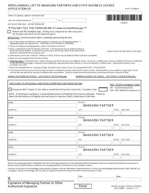 Form 100603 Initial/Annual List of Managing Partners and State Business License Application - Nevada