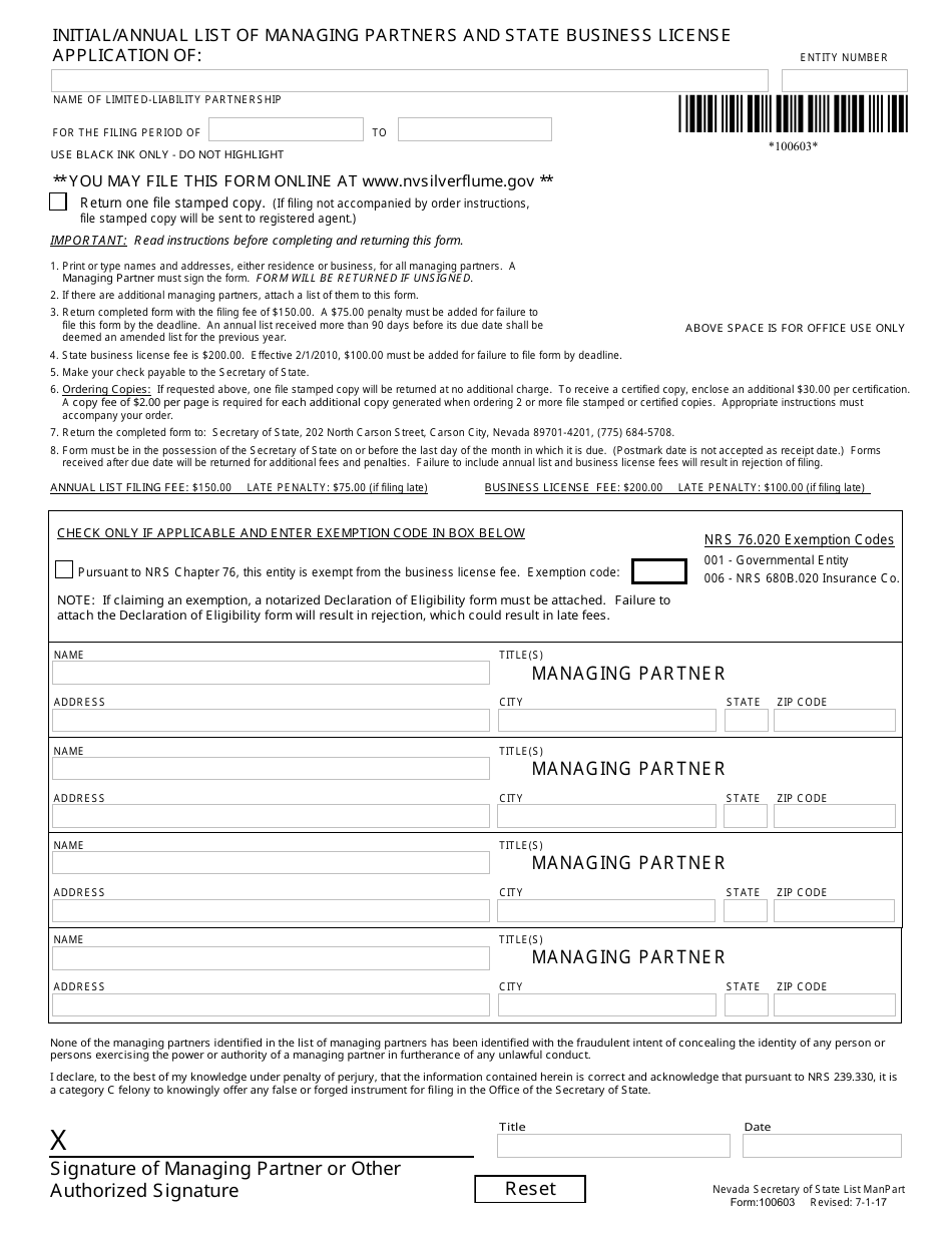 Form 100603 Initial / Annual List of Managing Partners and State Business License Application - Nevada, Page 1
