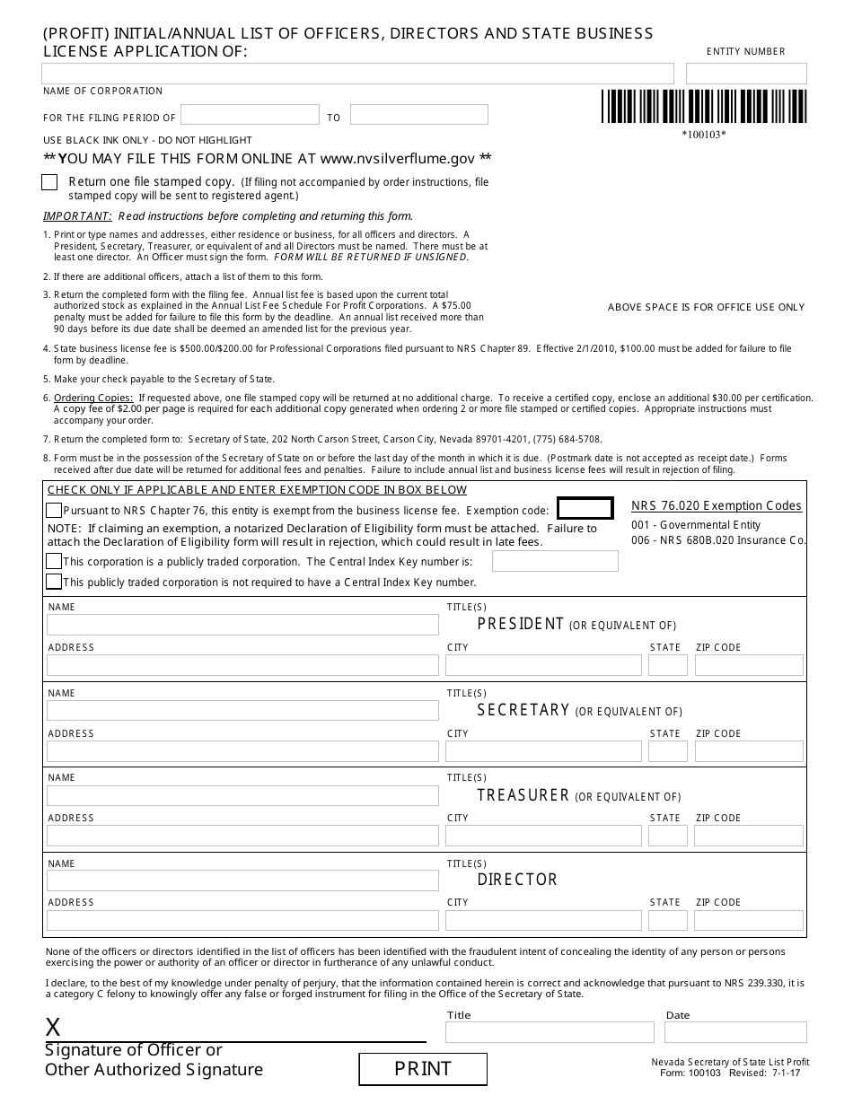 Form 100103 (Profit) Initial / Annual List of Officers, Directors and State Business License Application - Complete Packet - Nevada, Page 1