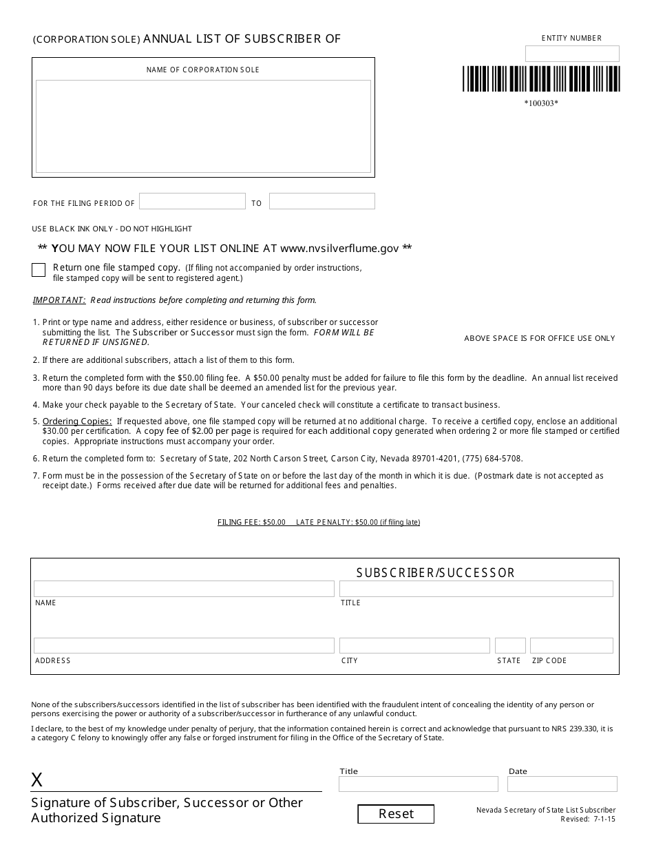 Form 100303 (Corporation Sole) Annual List of Subscriber (Nrs Chapter 84) - Nevada, Page 1