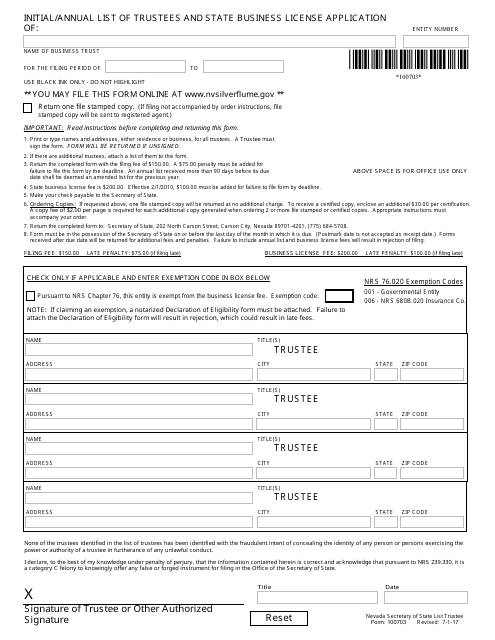 Form 100703 Initial/Annual List of Trustees and State Business License Application - Nevada