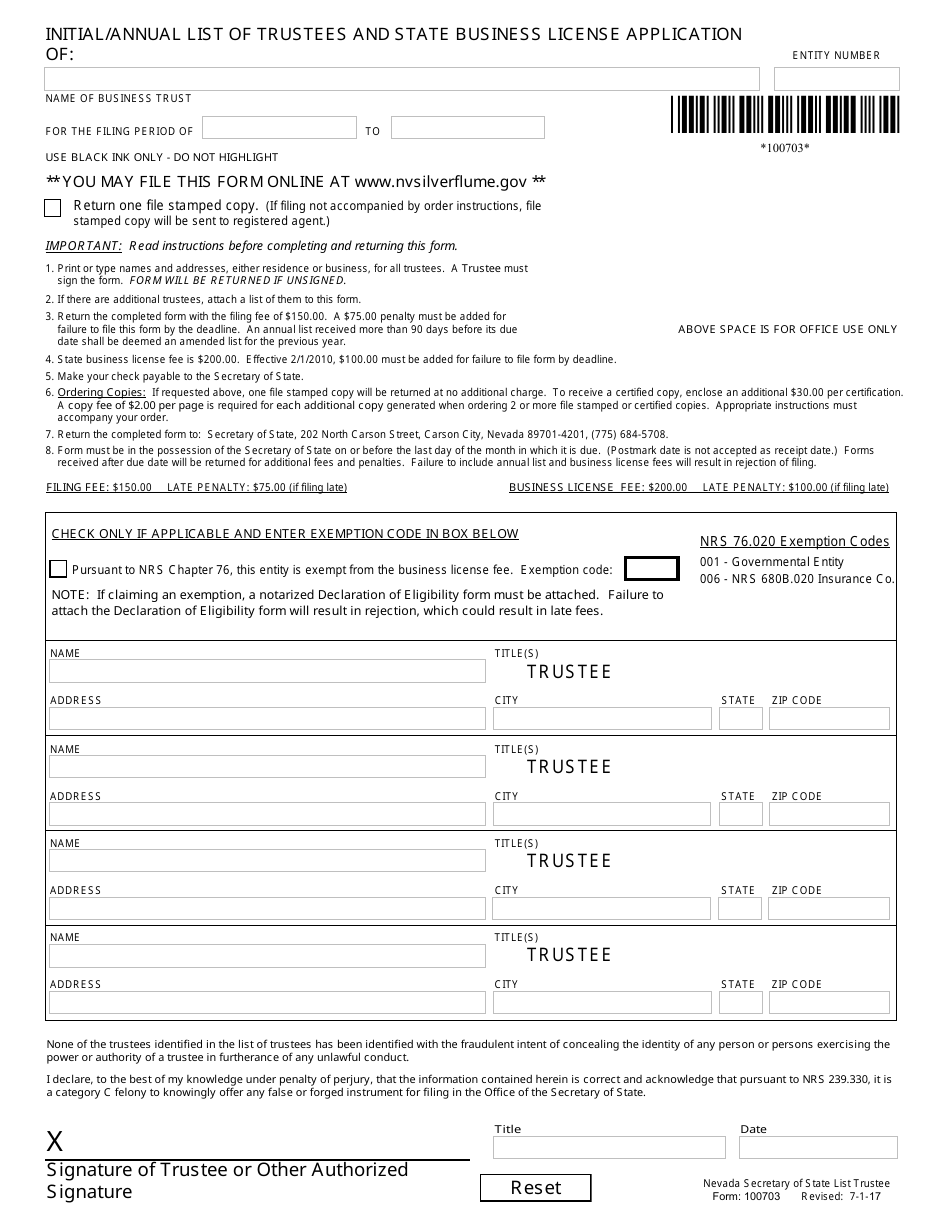 Form 100703 Initial / Annual List of Trustees and State Business License Application - Nevada, Page 1