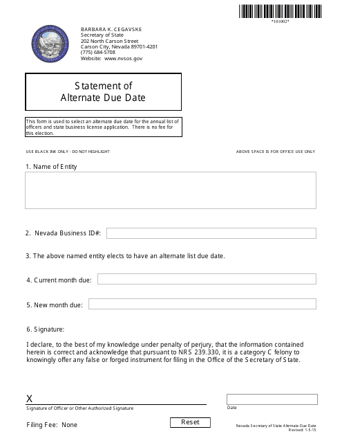 Form 101002 Statement of Alternate Due Date - Nevada