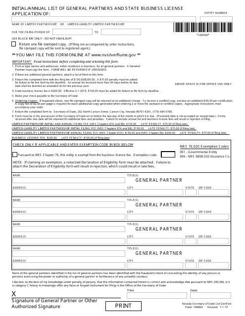Form 100504 Initial/Annual List of General Partners and State Business License Application - Complete Packet - Nevada