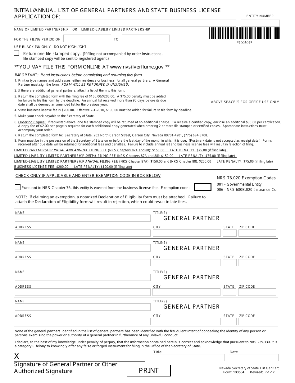 Form 100504 Initial / Annual List of General Partners and State Business License Application - Complete Packet - Nevada, Page 1