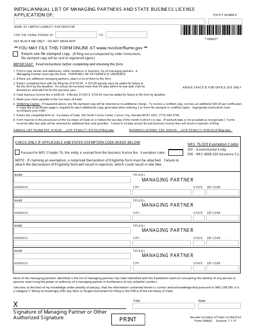 Form 100603 Initial/Annual List of Managing Partners and State Business License Application - Complete Packet - Nevada