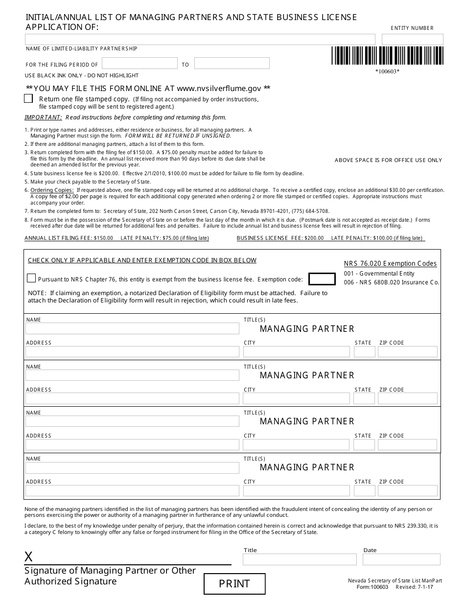 Form 100603 Initial / Annual List of Managing Partners and State Business License Application - Complete Packet - Nevada, Page 1