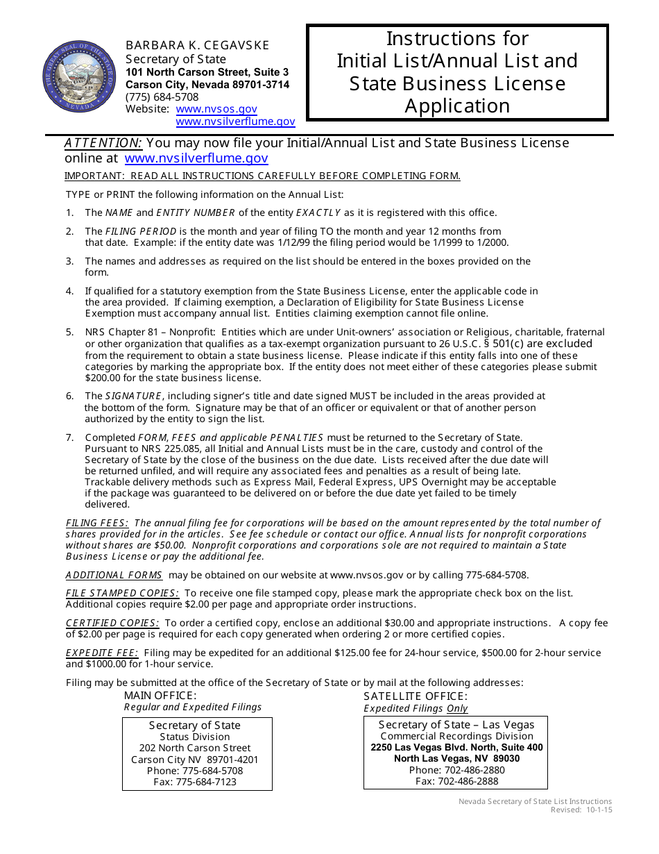 Form 100603 Initial / Annual List of Managing Partners and State Business License Application - Complete Packet - Nevada, Page 2