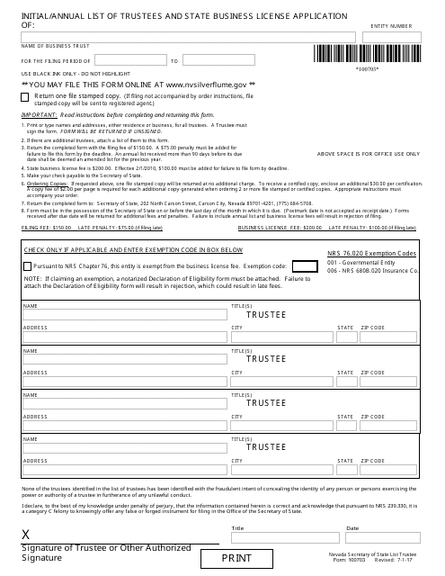Form 100703 Initial/Annual List of Trustees and State Business License Application - Complete Packet - Nevada