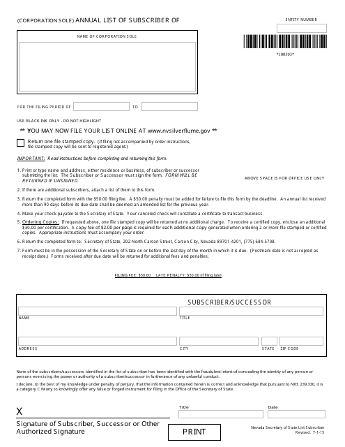 Form 100303 (Corporation Sole) Annual List of Subscriber (Nrs Chapter 84) - Complete Packet - Nevada