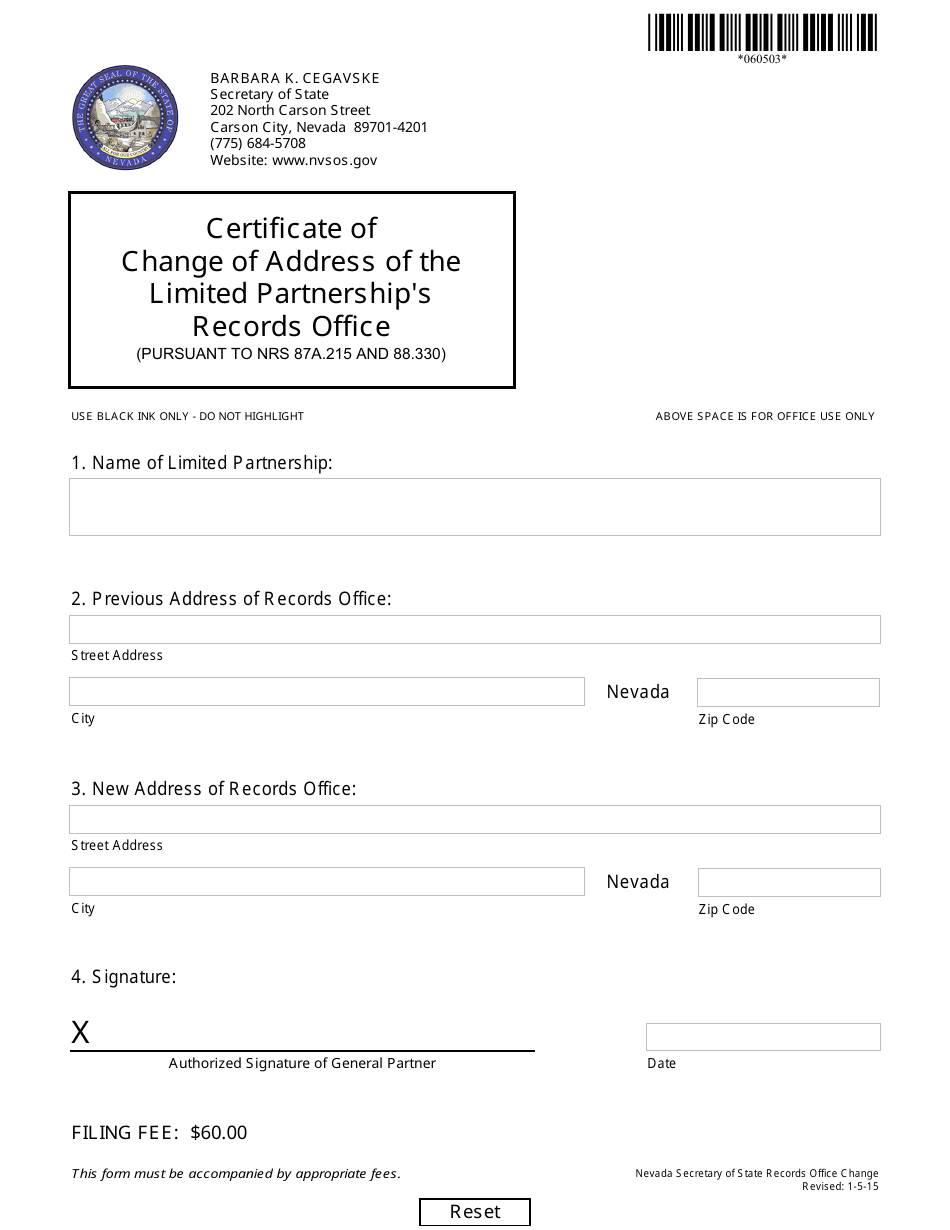 Form 060503 Certificate of Change of Address of Records Office (Nrs 87a.215 and Nrs 88.330) - Complete Packet - Nevada, Page 1