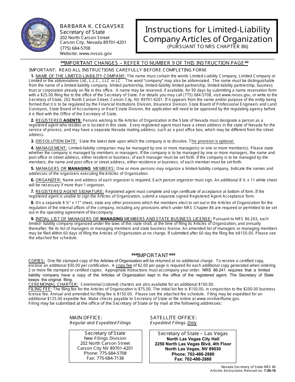 Form 050106 Limited-Liability Company (Nrs Chapter 86) - Complete Packet - Nevada, Page 1