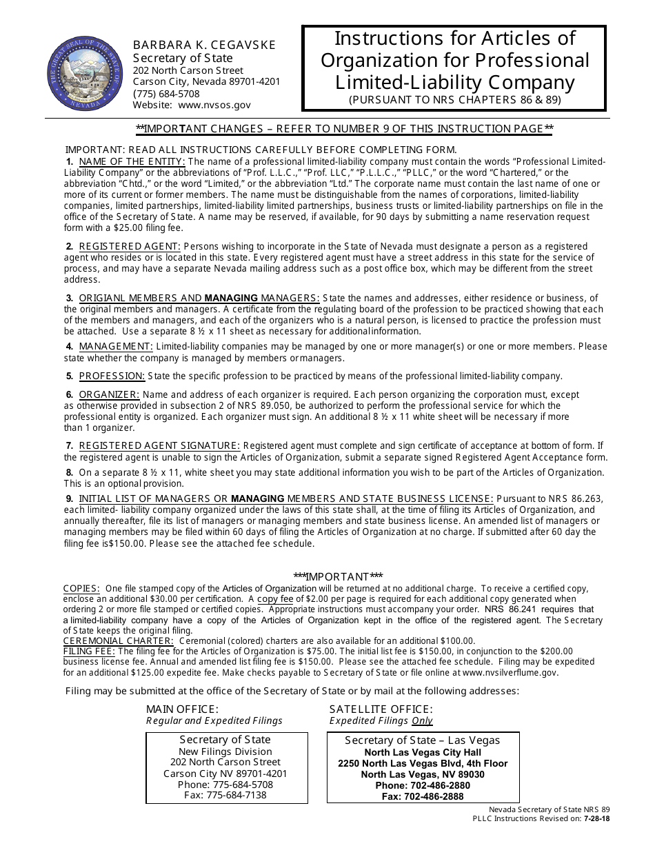 Form 050203 Professional Limited-Liability Company (Nrs Chapter 89) - Complete Packet - Nevada, Page 1