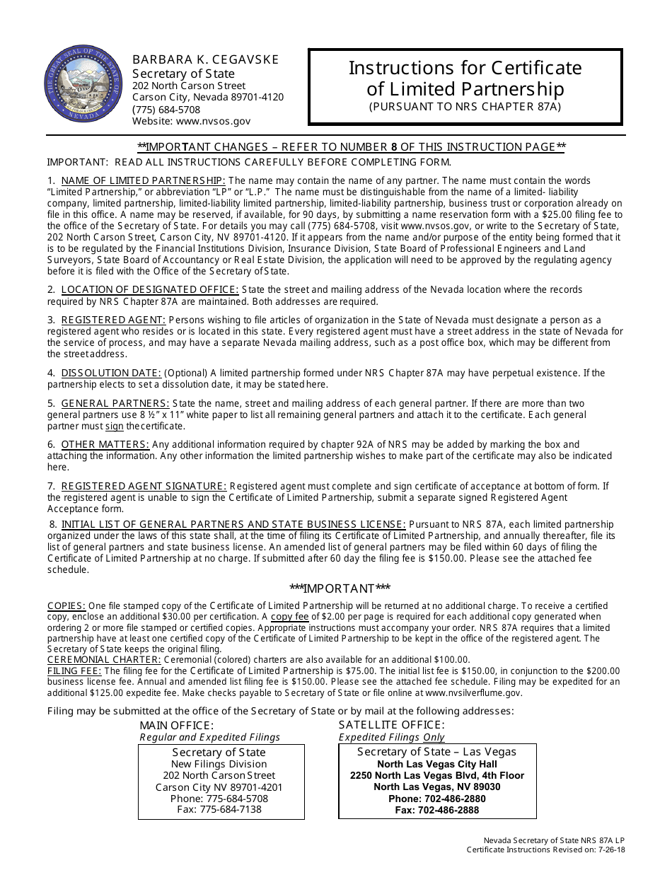 Form 060104 Limited Partnership Registration (Nrs Chapter 87a ) - Complete Packet - Nevada, Page 1