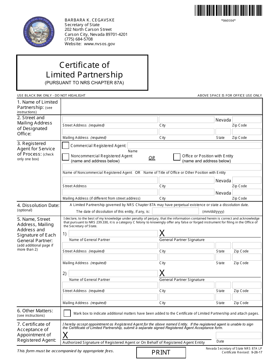Form 060104 Limited Partnership Registration (Nrs Chapter 87a ) - Complete Packet - Nevada, Page 2