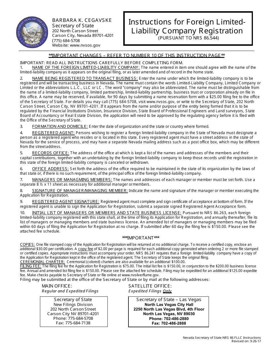 Form 050303 Foreign Limited-Liability Company (Nrs 86.544) - Complete Packet - Nevada, Page 1