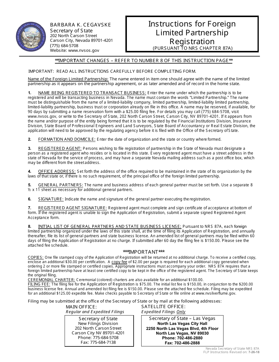 Form 060203 Foreign Limited Partnership Registration (Nrs Chapter 87a ) - Complete Packet - Nevada, Page 1