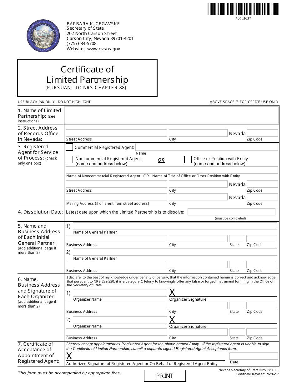 Form 060303 Limited Partnership Registration (Nrs Chapter 88) - Complete Packet - Nevada, Page 2