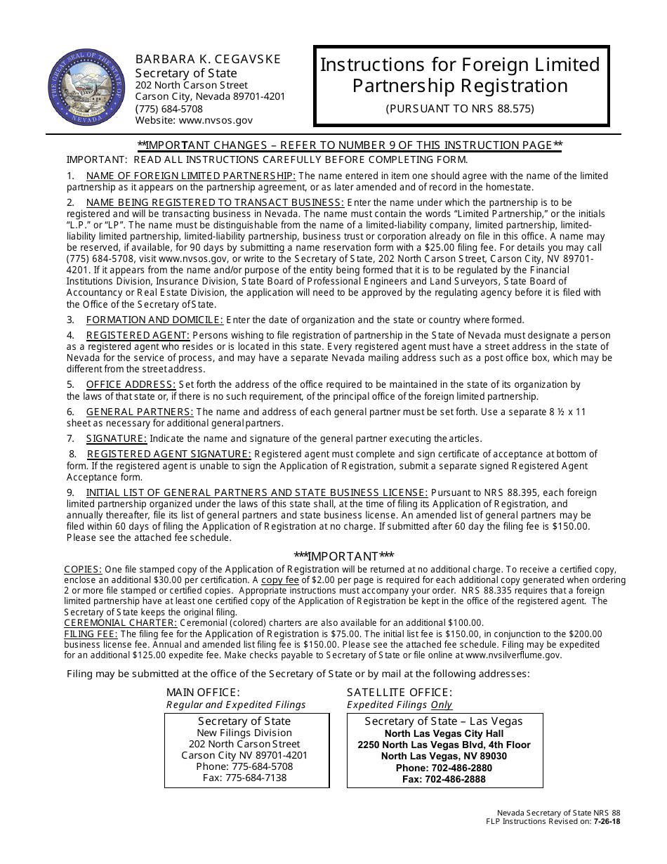 Form 060403 Foreign Limited Partnership Registration (Nrs Chapter 88) - Complete Packet - Nevada, Page 1