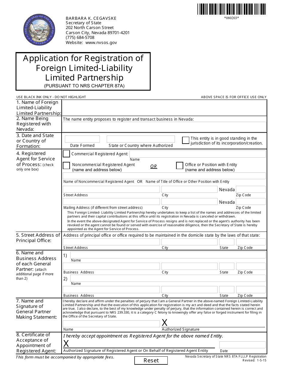 Form 080203 Application for Registration of Foreign Limited-Liability Limited Partnership (Pursuant to Nrs Chapter 87a) - Nevada, Page 1