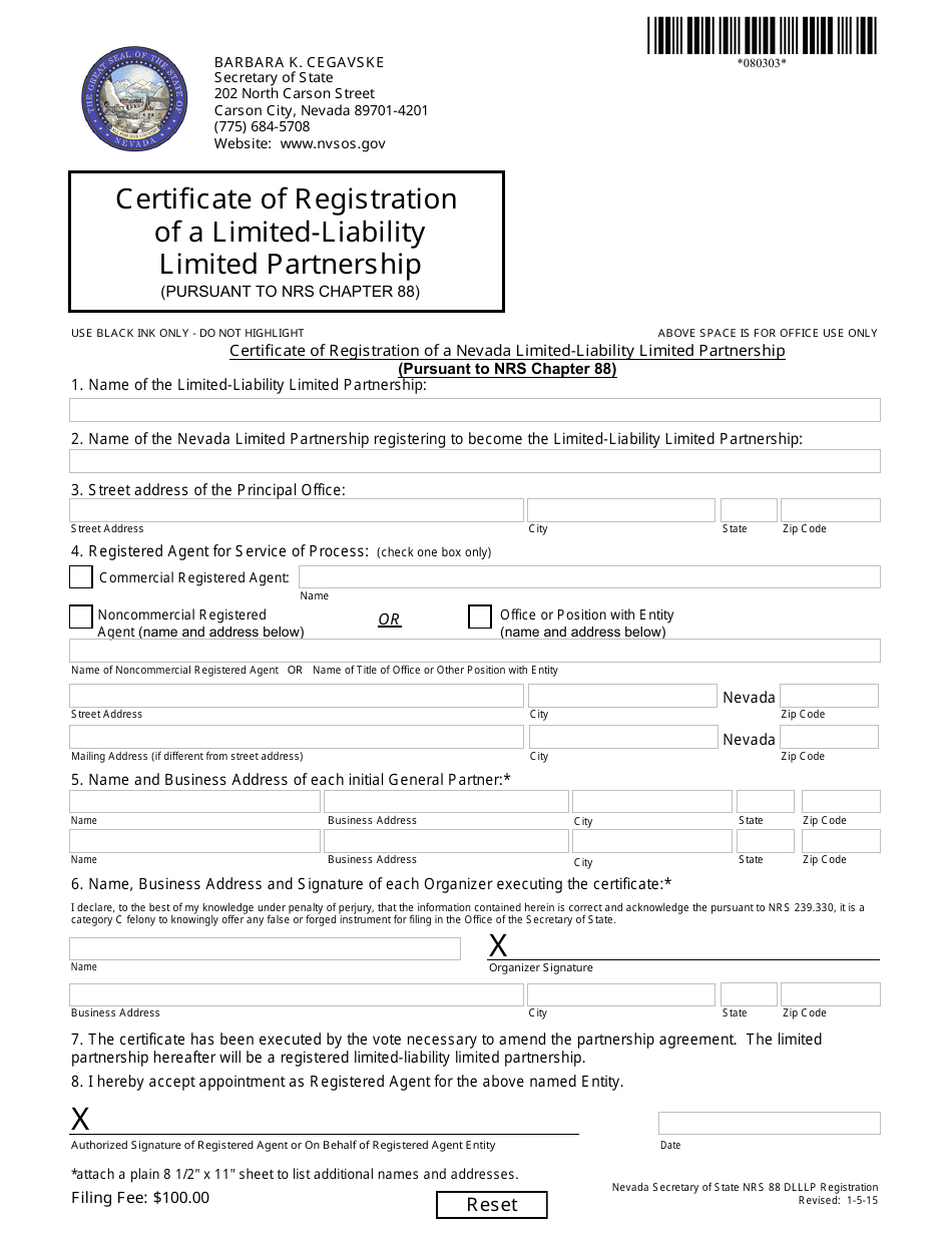 Form 080303 Certificate of Registration of a Limited-Liability Limited Partnership (Pursuant to Nrs Chapter 88) - Nevada, Page 1