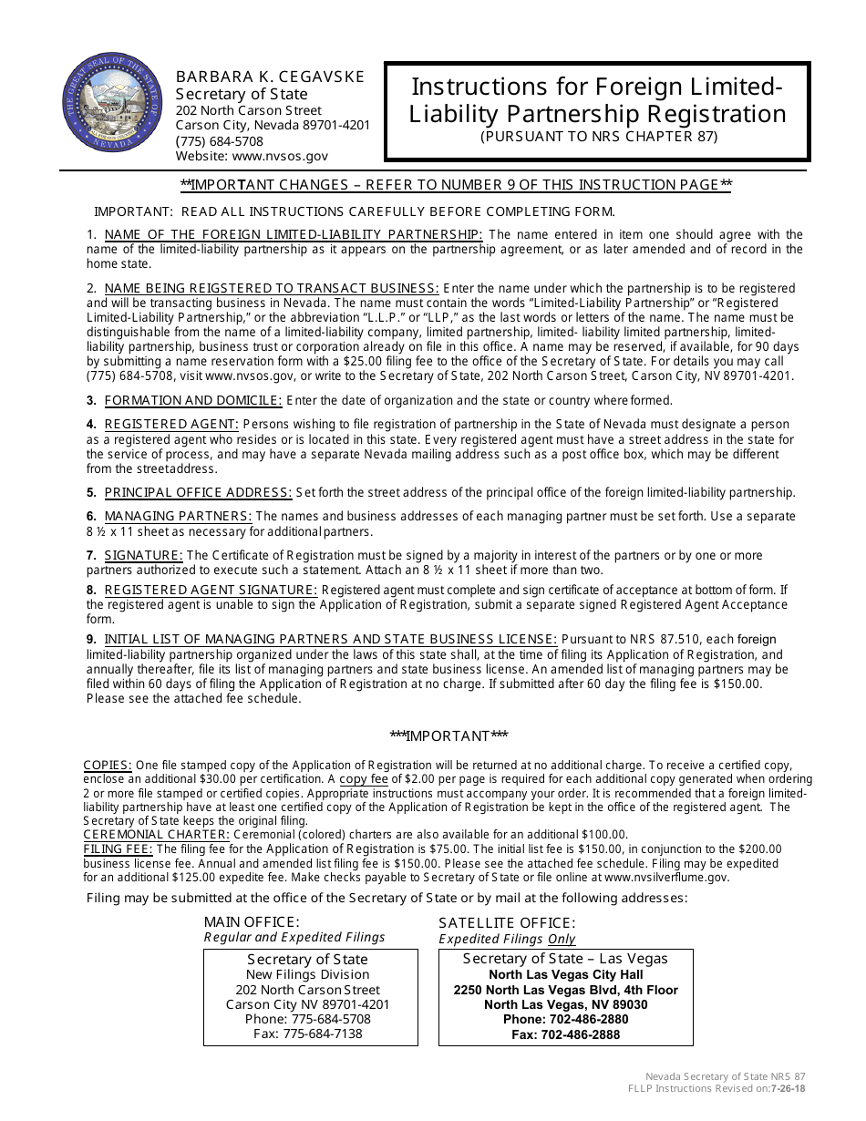 Form 070203 Foreign Limited-Liability Partnership Registration (Nrs Chapter 87) - Complete Packet - Nevada, Page 1