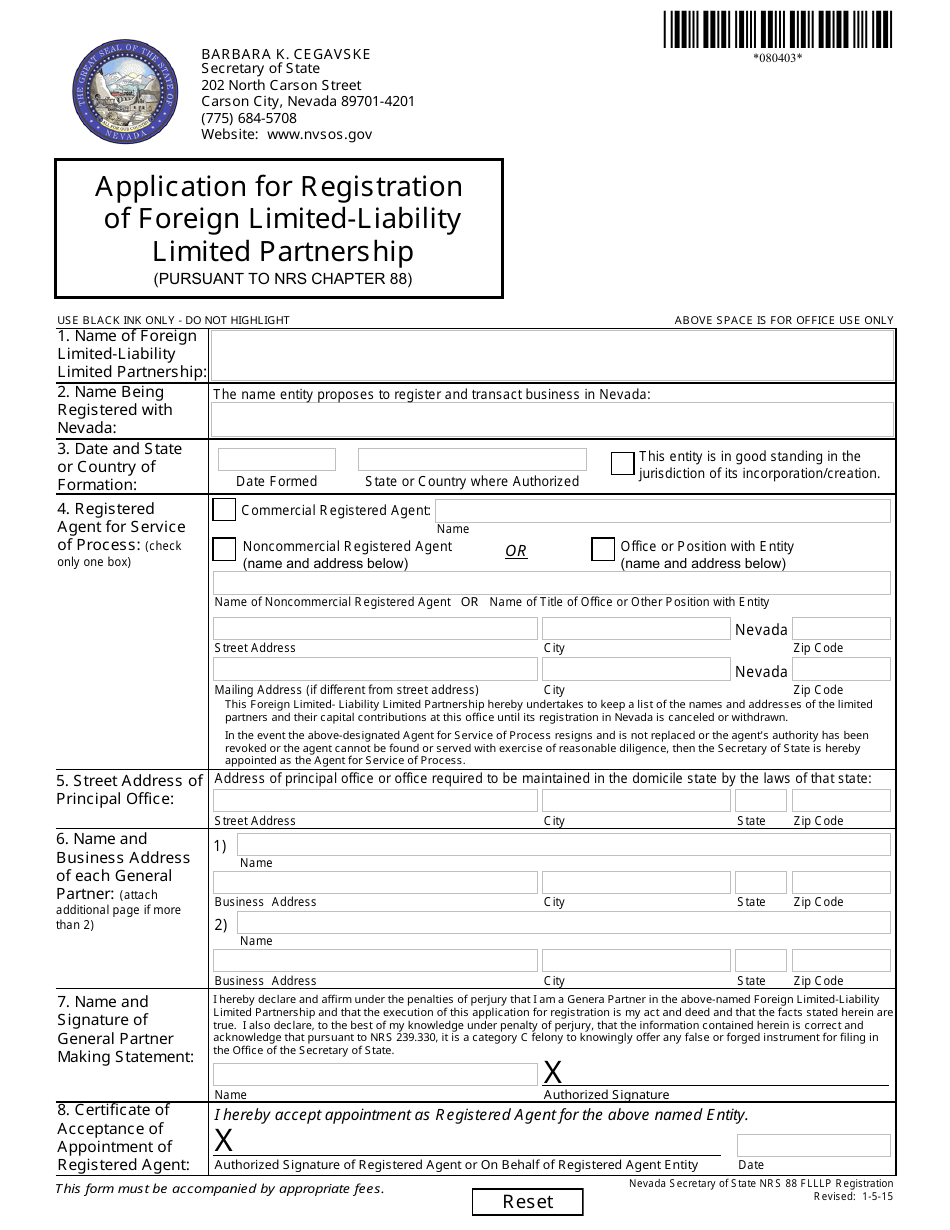 Form 080403 Application for Registration of Foreign Limited-Liability Limited Partnership (Pursuant to Nrs Chapter 88) - Nevada, Page 1