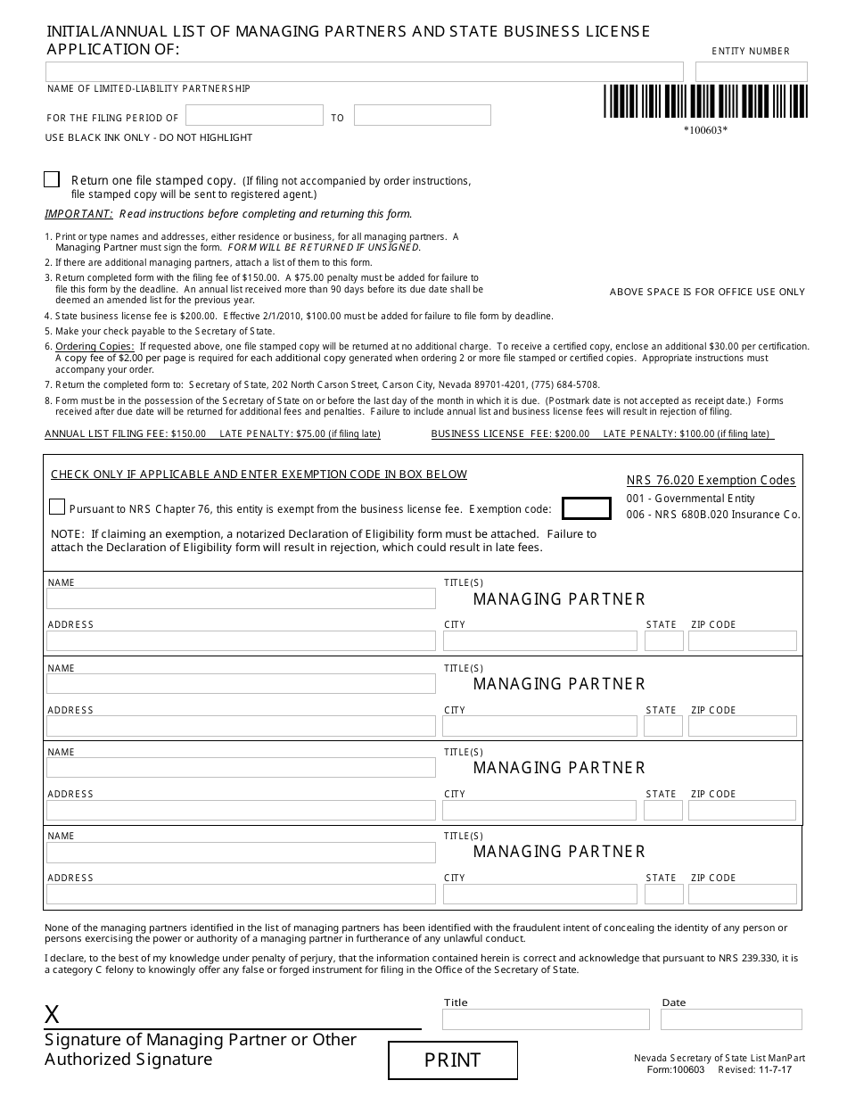 Form 070103 Limited-Liability Partnership Registration (Nrs Chapter 87) - Complete Packet - Nevada, Page 3